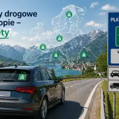 Samochód na drodze w górach, znak "Płatna droga" i mapa Europy z zaznaczonymi punktami opłat.
