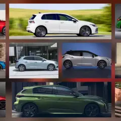 Sześć różnych hatchbacków w różnych kolorach, pokazanych z profilu.
