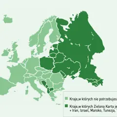 Mapa Europy z zaznaczonymi krajami, gdzie Zielona Karta OC jest potrzebna lub nie.