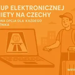 Kup e-winiety Czechy wygodnie online. Na ekranie laptopa symbol autostrady D1, obok podróżnik z walizką.