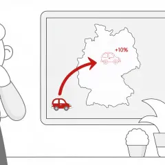Zamyślony mężczyzna patrzy na mapę Niemiec z czerwoną strzałką i ikoną samochodu z napisem "+10%".