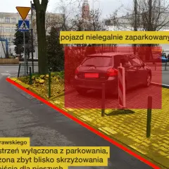 Czerwony prostokąt zaznacza nielegalnie zaparkowany samochód przy skrzyżowaniu i przejściu dla pieszych.