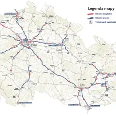 Mapa Czech z zaznaczonymi drogami płatnymi (niebieskie) i bezpłatnymi (czerwone).