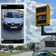 Biały van z tablicą rejestracyjną 01-154-AZ, na którym widać żółty fotoradar. Kierowca próbuje oszukać system, by uniknąć mandatu z fotoradaru.