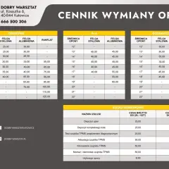 Cennik wymiany kół z letnich na zimowe w Dobrym Warsztacie. Ceny zależą od rozmiaru opony i rodzaju felgi.