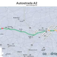 Mapa Polski z zaznaczoną autostradą A2, która jest autostradą wolności. Widoczne miasta: Świecko, Poznań, Warszawa, Kukuryki.
