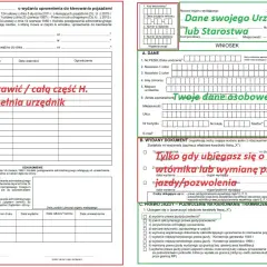 Fragment formularza wniosku o wydanie prawa jazdy z zaznaczonymi polami i odręcznymi notatkami.