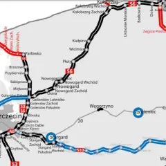 Mapa drogowa z zaznaczoną autostradą A6, drogami S3, S6, S10, S11 i innymi trasami, łączącymi miasta takie jak Szczecin, Koszalin, Kołobrzeg i Świnoujście.