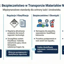 Grafika przedstawia schemat konwencji ADR z ikonami symbolizującymi transport, przepisy, bezpieczeństwo i ochronę środowiska.