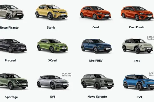 Różne klasy samochodów Kia: Picanto, Stonic, Ceed, Proceed, XCeed, Niro PHEV, Sportage, EV6, EV3, EV9, Sorento.