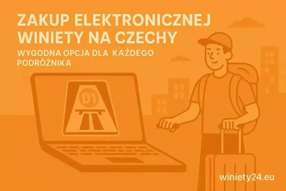Kup e-winiety Czechy wygodnie online. Na ekranie laptopa symbol autostrady D1, obok podróżnik z walizką.