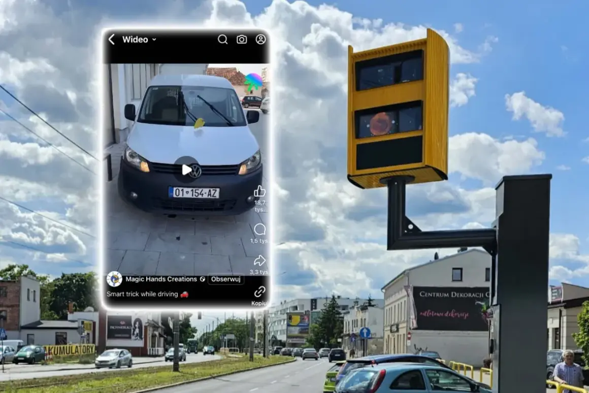Biały van z tablicą rejestracyjną 01-154-AZ, na którym widać żółty fotoradar. Kierowca próbuje oszukać system, by uniknąć mandatu z fotoradaru.