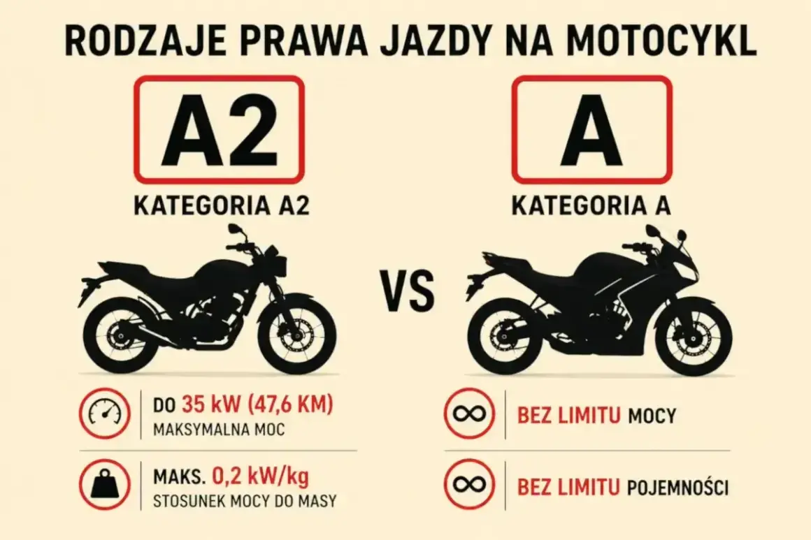 Porównanie kategorii A2 i A prawa jazdy na motor. Kategoria A2 to motocykle do 35 kW, A to bez limitu mocy i pojemności.