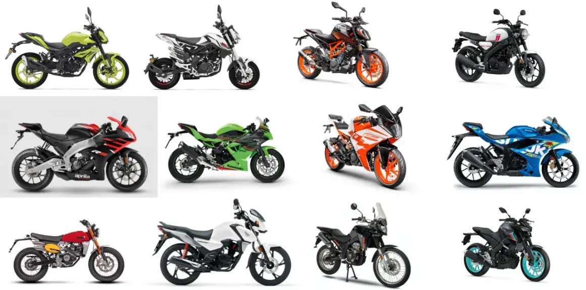 Kolaż zdjęć różnych motocykli sportowych i naked bike'ów w różnych kolorach.