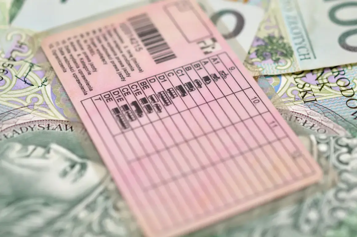 Prawo jazdy bez egzaminu? Na różowym dokumencie widnieją kategorie pojazdów i polskie banknoty.