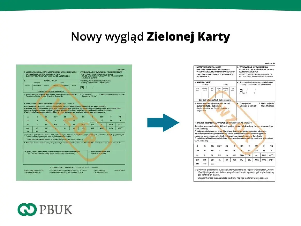 Zielona Karta ubezpieczeniowa z zaznaczonymi krajami ważności i danymi pojazdu.