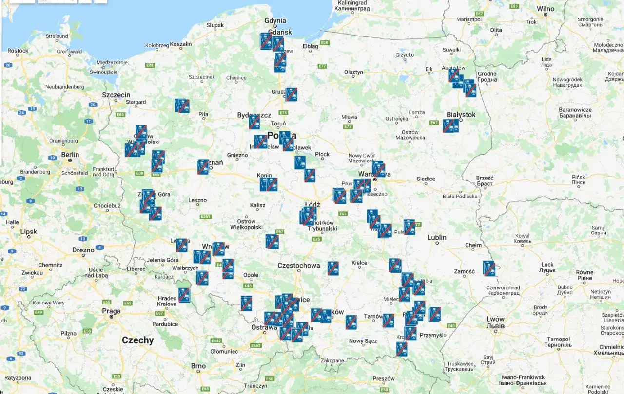 Mapa Polski z zaznaczonymi punktami kontrolnymi odcinkowy pomiar prędkości a1.
