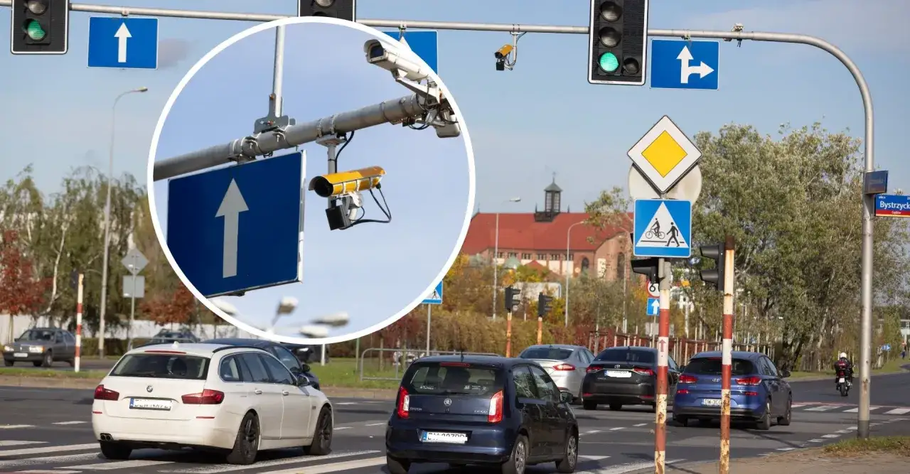 Uważaj na kamery rejestrujące przejazd na czerwonym świetle. Na skrzyżowaniu widać sygnalizację świetlną i znaki drogowe.