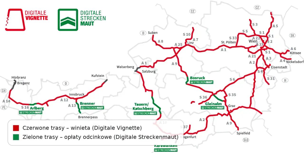 Mapa Austrii z zaznaczonymi trasami. Czerwone linie to drogi objęte cyfrową winietą (e-winieta Austria gdzie kupić), zielone to opłaty odcinkowe.