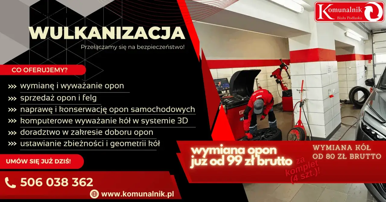 Wulkanizacja Komunalnik: wymiana opon już od 99 zł brutto, wymiana kół od 80 zł brutto za komplet (4 szt.). Zapytaj, ile kosztuje wymiana kół z letnich na zimowe!