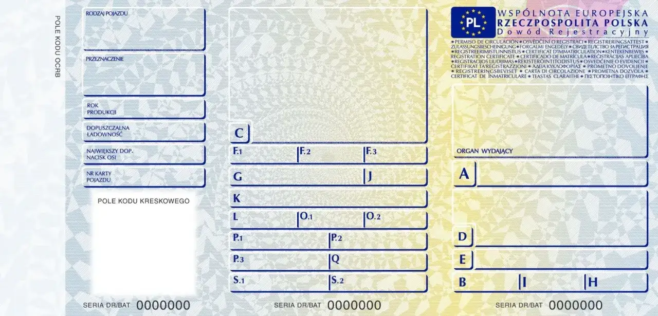 Dowód rejestracyjny pojazdu z danymi o jego rodzaju, przeznaczeniu i roku produkcji.