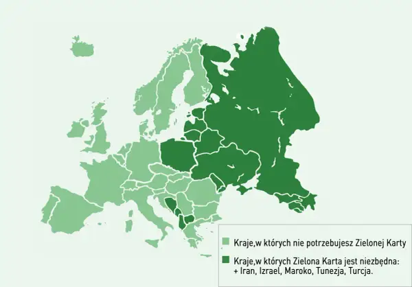 Mapa Europy z zaznaczonymi krajami, gdzie Zielona Karta OC jest potrzebna lub nie.