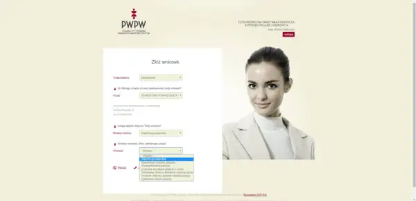 Formularz online do rejestracji pojazdów, z zaznaczoną opcją "Rejestracja pojazdów".