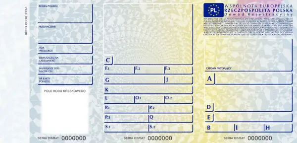 Fragment dowodu rejestracyjnego pojazdu z polami do wypełnienia i danymi pojazdu.