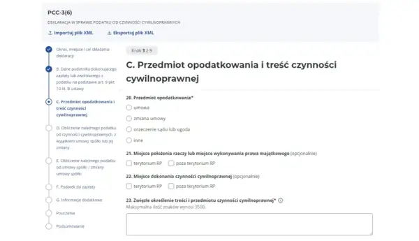 Formularz PCC-3(6) z zaznaczonym punktem "C. Przedmiot opodatkowania i treść czynności cywilnoprawnej".